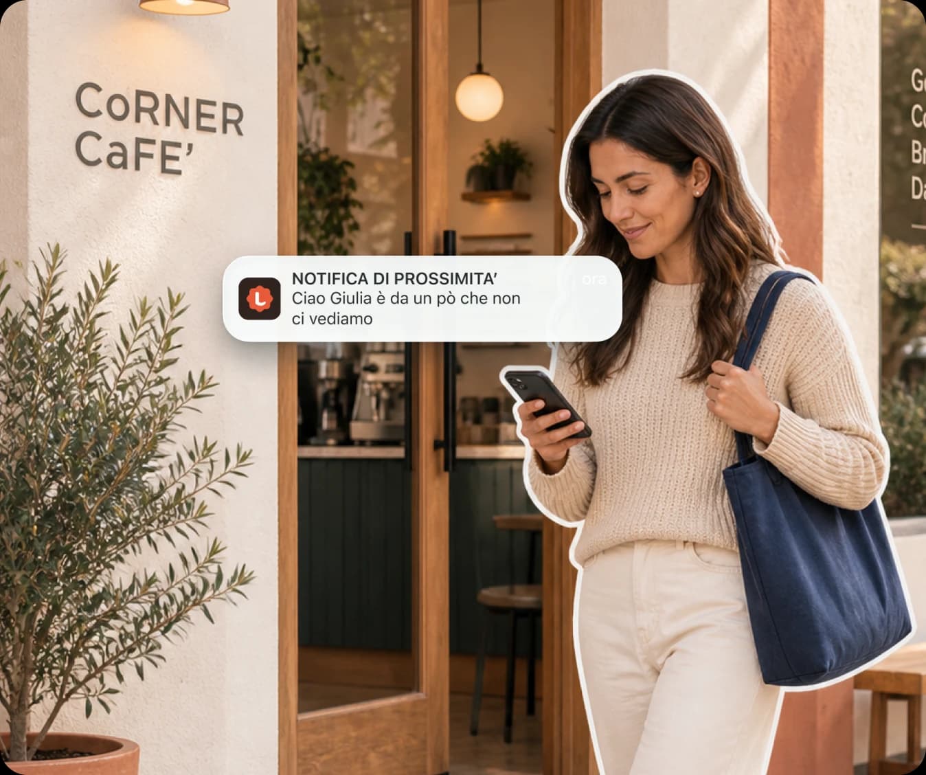 Una clienta recibe una notificación de LoyalCard al pasar por delante de Corner Cafe